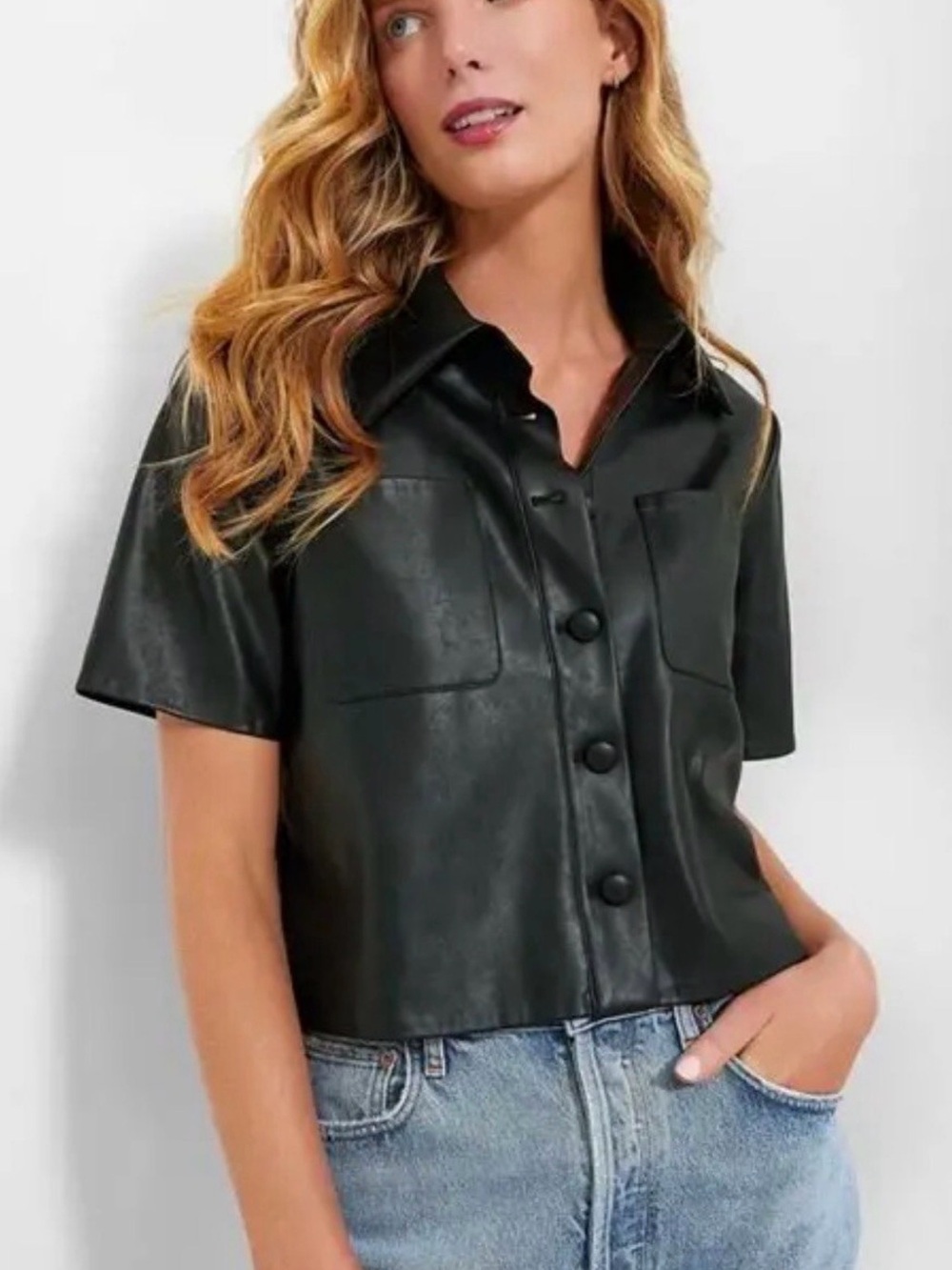 Pomander Place NWT Black Faux Leather Audrina Short Sleeve Button Down Top M